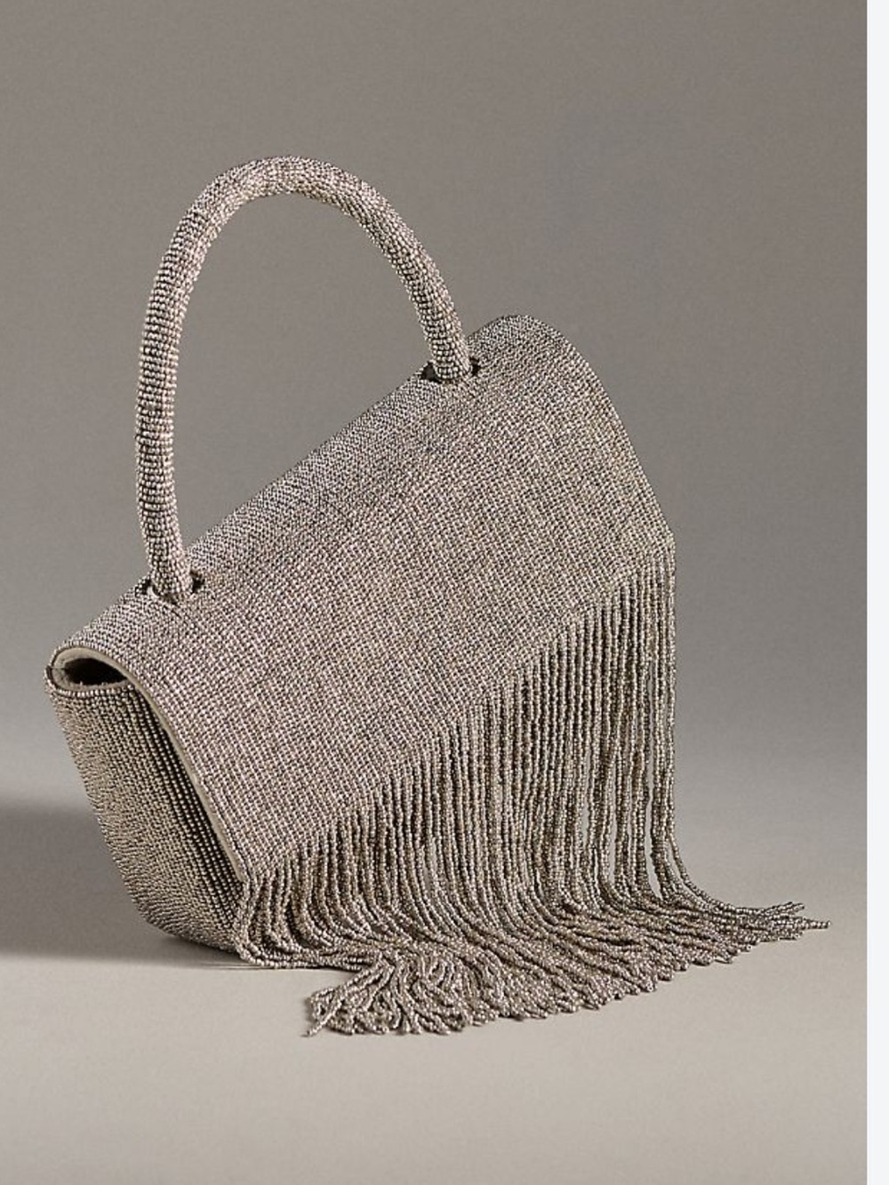 Anthropologie Silver Beaded Fringe Top-Handle Evening Bag
